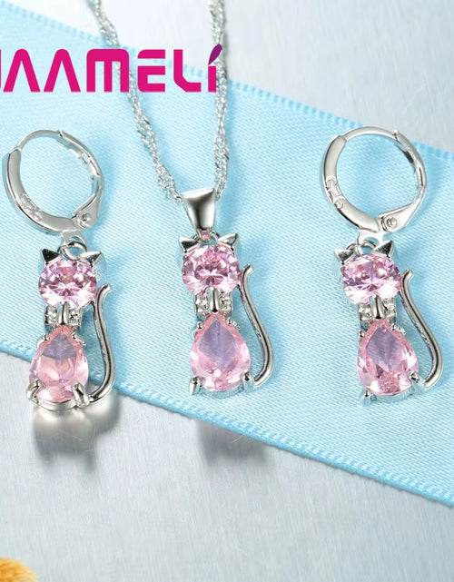 Load image into Gallery viewer, Real 925 Sterling Silver Color Jewelry Sets for Woman Girls Shining Austrian Crystal Cute Cat Pendant Necklace Huggie Earring
