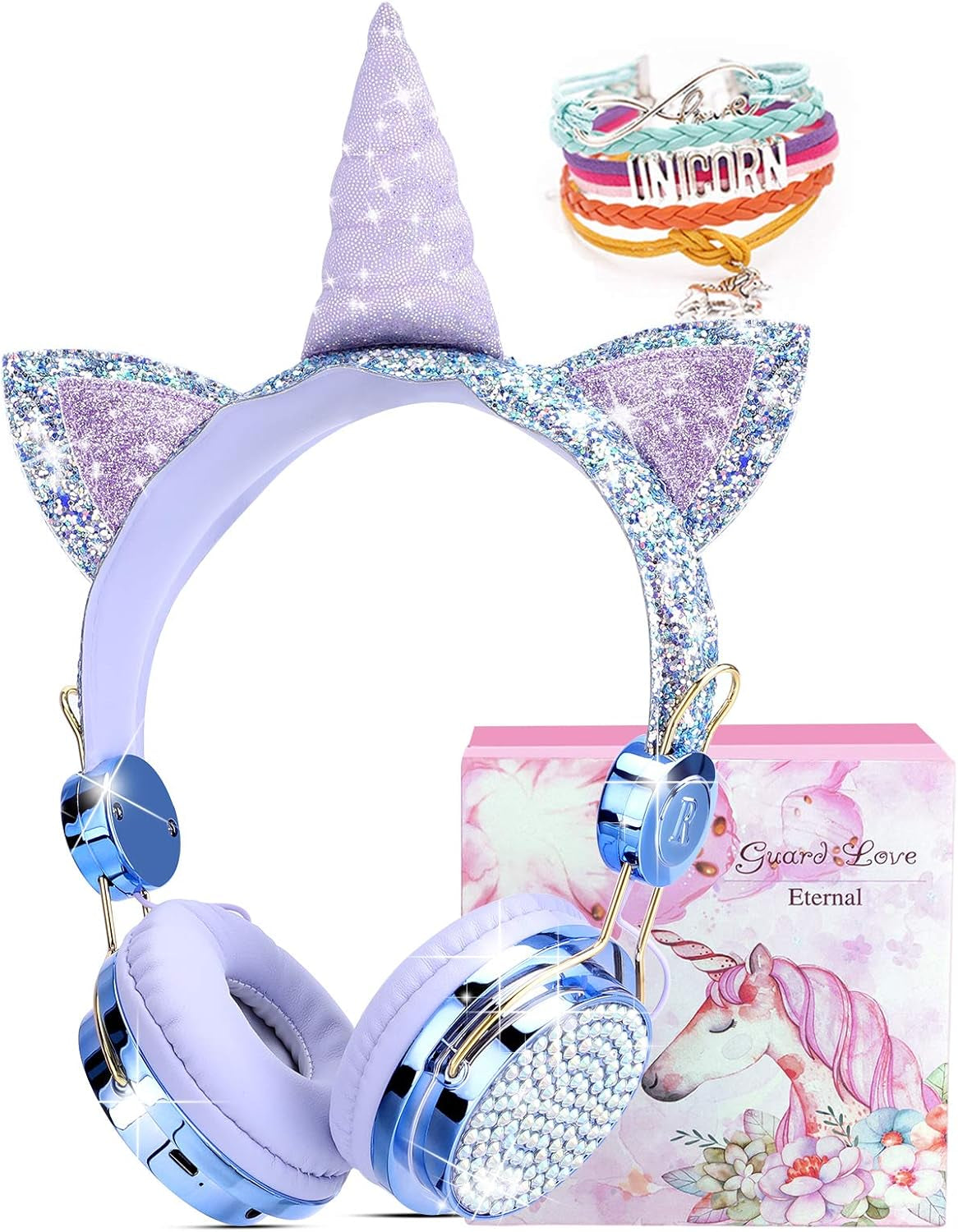 TCJJ Kids Unicorn Headphones for Girls - Wireless Bluetooth Headset with Mic, Adjustable Headband, over Ear for Smartphones/School/Kindle/Tablet/Pc (Blue)