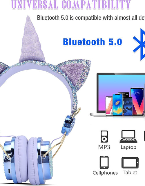 Load image into Gallery viewer, TCJJ Kids Unicorn Headphones for Girls - Wireless Bluetooth Headset with Mic, Adjustable Headband, over Ear for Smartphones/School/Kindle/Tablet/Pc (Blue)
