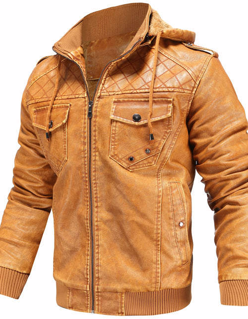 Load image into Gallery viewer, Men’S Leather Jacket and Coats Casual Stand Collar Vintage PU Faux Leather Zip-Up Motorcycle Bomber Jacket with Removable Hood Black S
