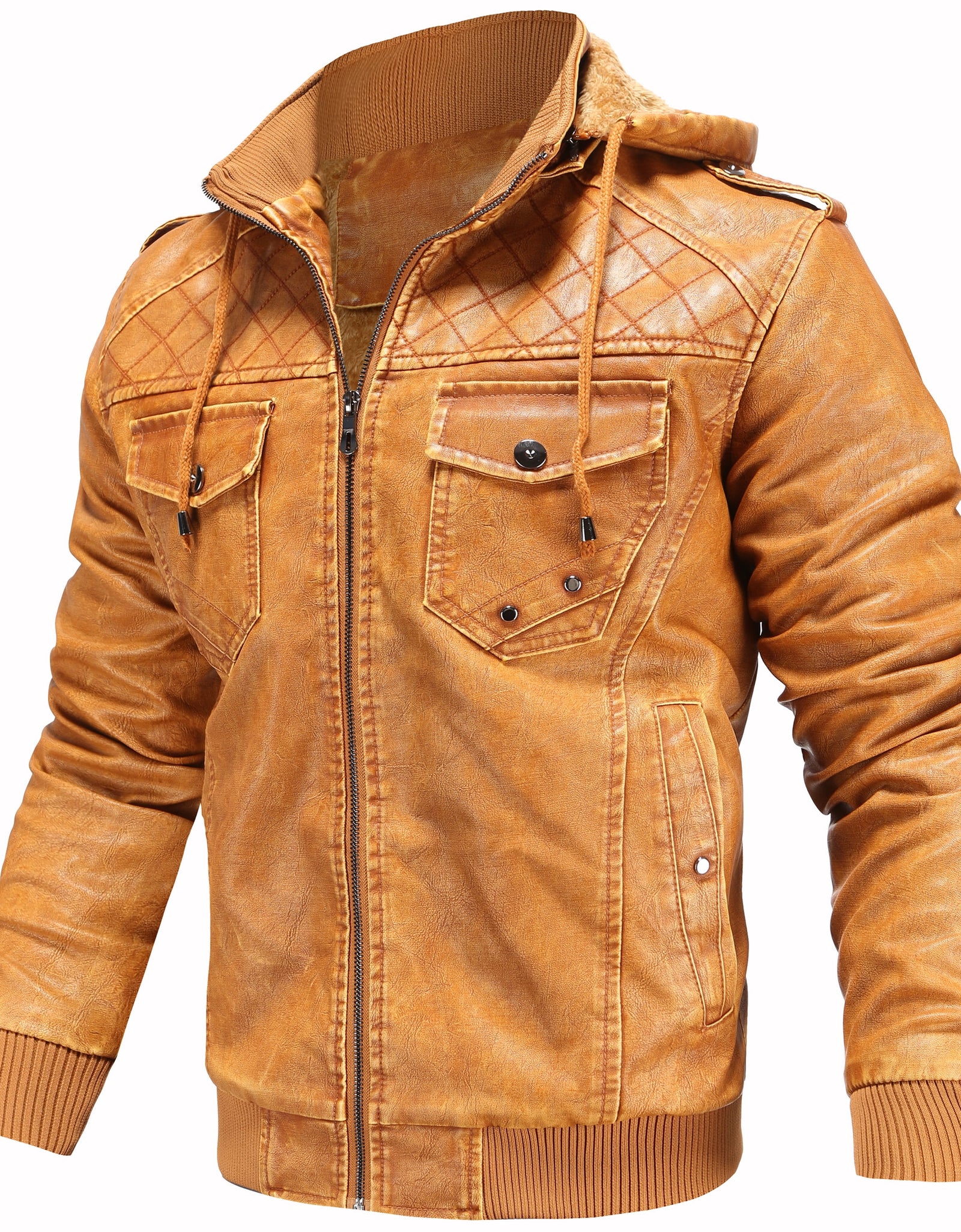 Men’S Leather Jacket and Coats Casual Stand Collar Vintage PU Faux Leather Zip-Up Motorcycle Bomber Jacket with Removable Hood Black S