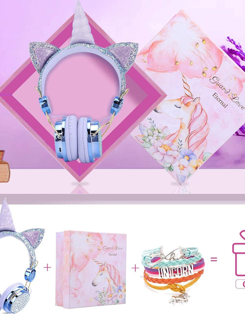 Load image into Gallery viewer, TCJJ Kids Unicorn Headphones for Girls - Wireless Bluetooth Headset with Mic, Adjustable Headband, over Ear for Smartphones/School/Kindle/Tablet/Pc (Blue)

