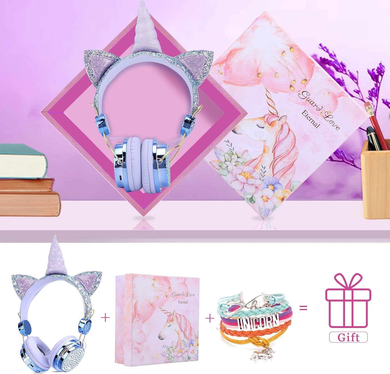TCJJ Kids Unicorn Headphones for Girls - Wireless Bluetooth Headset with Mic, Adjustable Headband, over Ear for Smartphones/School/Kindle/Tablet/Pc (Blue)