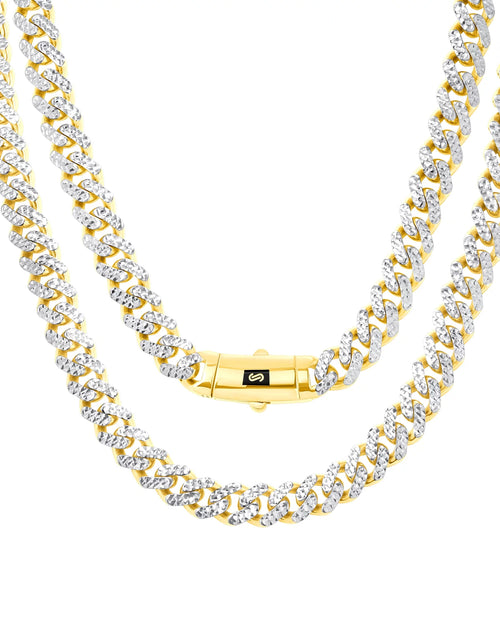 Load image into Gallery viewer, 10K Real Yellow Gold Royal Monaco 7.5Mm Miami Cuban Diamond Cut Pave Link Necklace (18&quot;-30&quot;) Two Tone Italian Jewelry for Men

