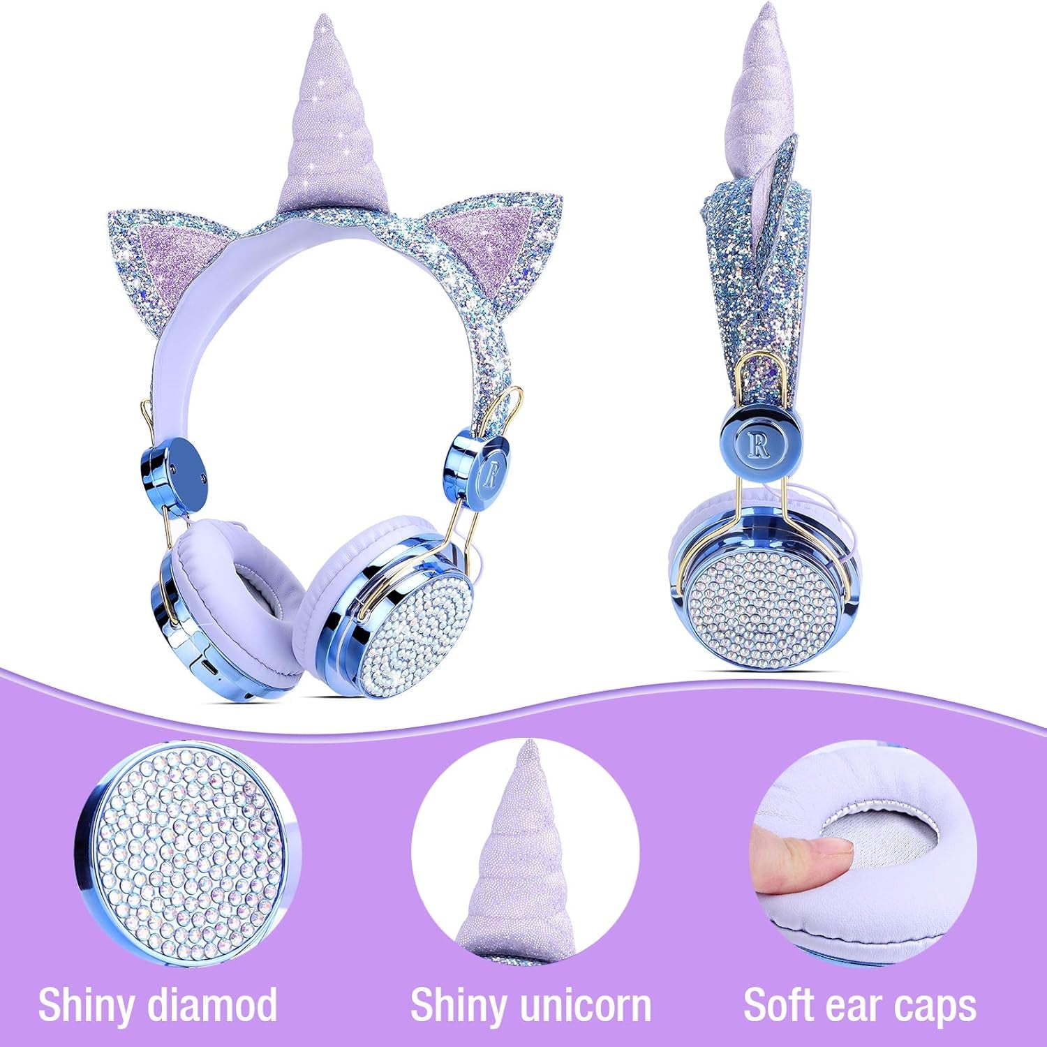TCJJ Kids Unicorn Headphones for Girls - Wireless Bluetooth Headset with Mic, Adjustable Headband, over Ear for Smartphones/School/Kindle/Tablet/Pc (Blue)