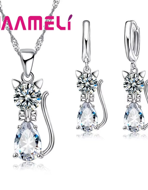 Load image into Gallery viewer, Real 925 Sterling Silver Color Jewelry Sets for Woman Girls Shining Austrian Crystal Cute Cat Pendant Necklace Huggie Earring
