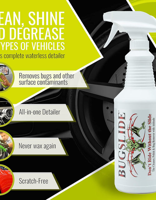 Load image into Gallery viewer, Bugslide Bug Remover – All Purpose Car Cleaner &amp; Detailer Spray, for Vehicle Interior &amp; Exterior Use, Shines, Degreases, Polishes, Wipes Away Bugs on Plastic, Metal,Glass, Windows, Mirrors, 32 Oz
