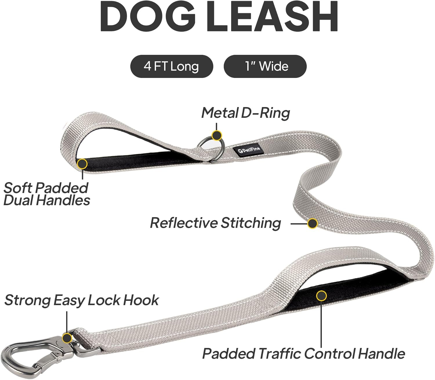 Petifine 4FT Heavy Duty Dog Leash with Soft Padded Double Handle, Durable Strong Clasp Dog Leashes, Reflective Nylon Walking Lead for Large,Medium,Small Breed Dogs, Grey