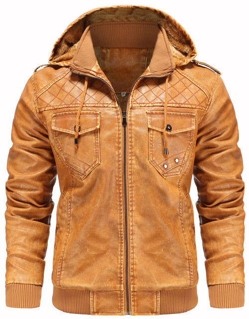 Load image into Gallery viewer, Men’S Leather Jacket and Coats Casual Stand Collar Vintage PU Faux Leather Zip-Up Motorcycle Bomber Jacket with Removable Hood Black S
