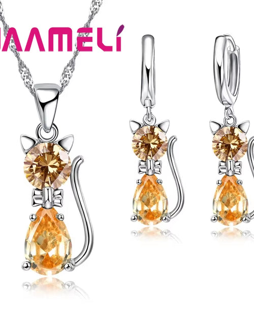 Load image into Gallery viewer, Real 925 Sterling Silver Color Jewelry Sets for Woman Girls Shining Austrian Crystal Cute Cat Pendant Necklace Huggie Earring
