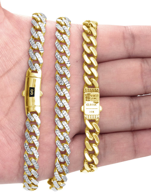 Load image into Gallery viewer, 10K Real Yellow Gold Royal Monaco 7.5Mm Miami Cuban Diamond Cut Pave Link Necklace (18&quot;-30&quot;) Two Tone Italian Jewelry for Men
