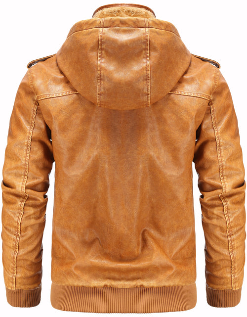 Load image into Gallery viewer, Men’S Leather Jacket and Coats Casual Stand Collar Vintage PU Faux Leather Zip-Up Motorcycle Bomber Jacket with Removable Hood Black S
