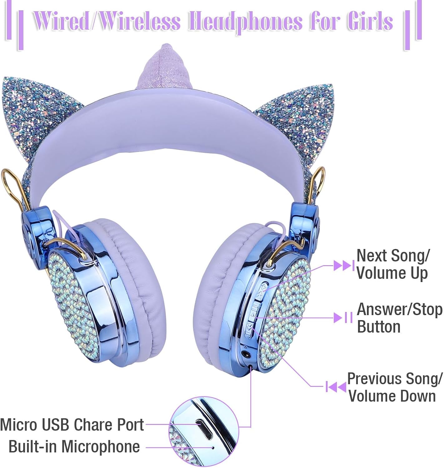 TCJJ Kids Unicorn Headphones for Girls - Wireless Bluetooth Headset with Mic, Adjustable Headband, over Ear for Smartphones/School/Kindle/Tablet/Pc (Blue)