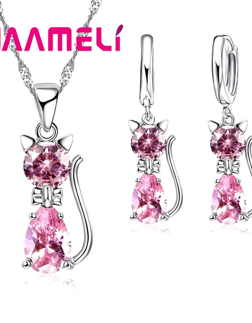 Load image into Gallery viewer, Real 925 Sterling Silver Color Jewelry Sets for Woman Girls Shining Austrian Crystal Cute Cat Pendant Necklace Huggie Earring
