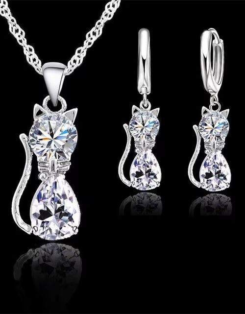 Load image into Gallery viewer, Real 925 Sterling Silver Color Jewelry Sets for Woman Girls Shining Austrian Crystal Cute Cat Pendant Necklace Huggie Earring
