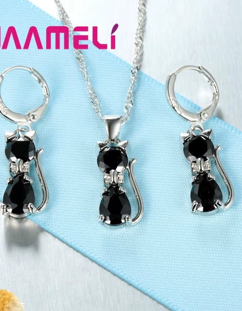 Load image into Gallery viewer, Real 925 Sterling Silver Color Jewelry Sets for Woman Girls Shining Austrian Crystal Cute Cat Pendant Necklace Huggie Earring
