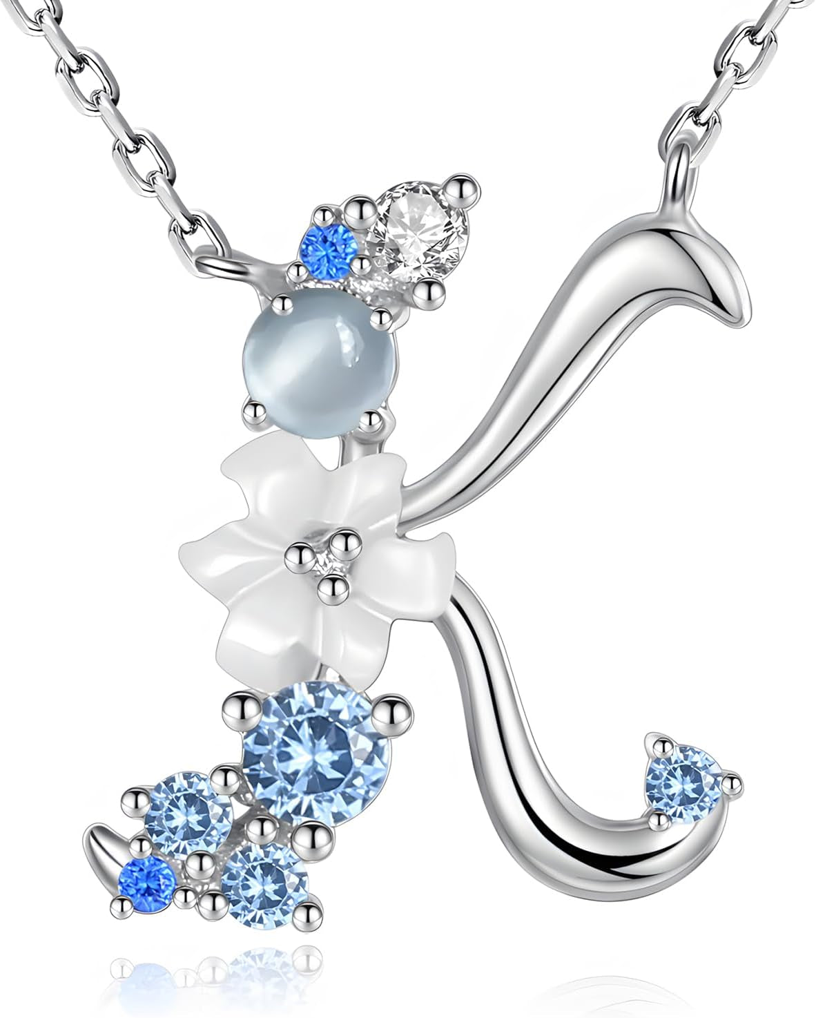 VIKI LYNN Initial Necklace for Women 925 Sterling Silver Initial a to Z Letter Pendant Necklace with Blue Flower Cubic Zirconia Birthday Engagement Gift for Women,Mom, Couple
