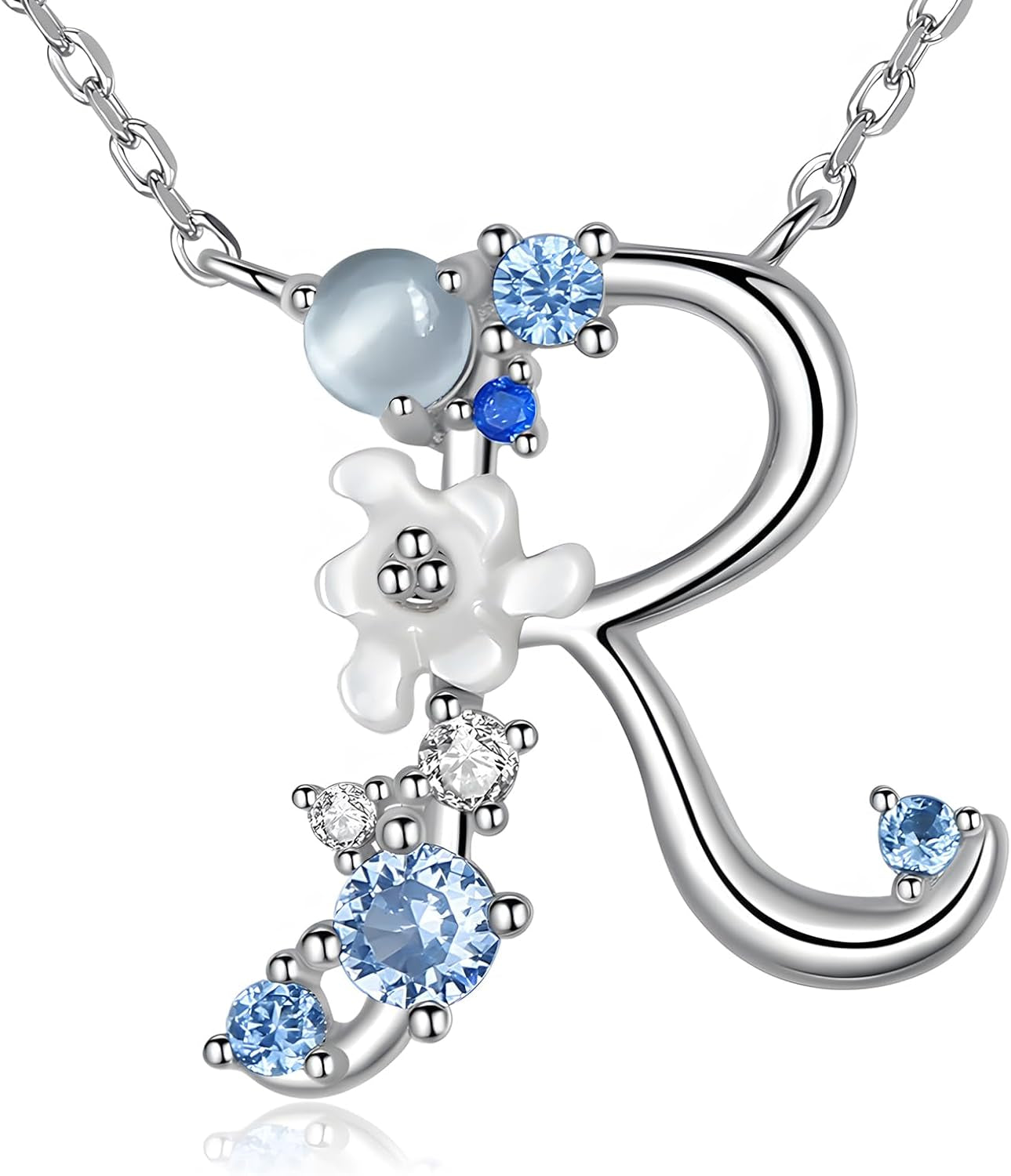 VIKI LYNN Initial Necklace for Women 925 Sterling Silver Initial a to Z Letter Pendant Necklace with Blue Flower Cubic Zirconia Birthday Engagement Gift for Women,Mom, Couple