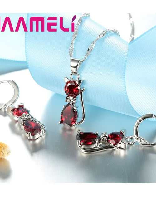Load image into Gallery viewer, Real 925 Sterling Silver Color Jewelry Sets for Woman Girls Shining Austrian Crystal Cute Cat Pendant Necklace Huggie Earring
