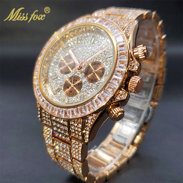 Luxury Gold Men's Watch Waterproof Stainless Steel Iced Bracelet