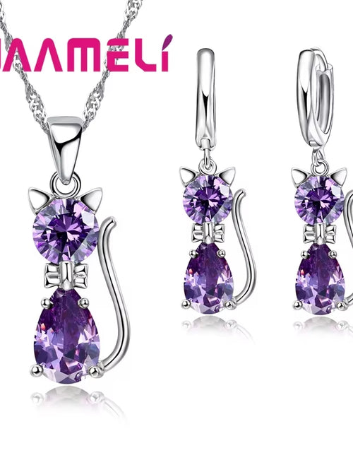Load image into Gallery viewer, Real 925 Sterling Silver Color Jewelry Sets for Woman Girls Shining Austrian Crystal Cute Cat Pendant Necklace Huggie Earring
