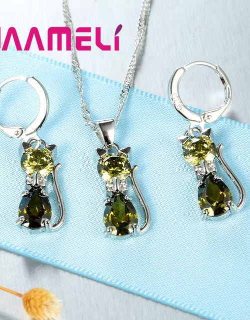 Load image into Gallery viewer, Real 925 Sterling Silver Color Jewelry Sets for Woman Girls Shining Austrian Crystal Cute Cat Pendant Necklace Huggie Earring
