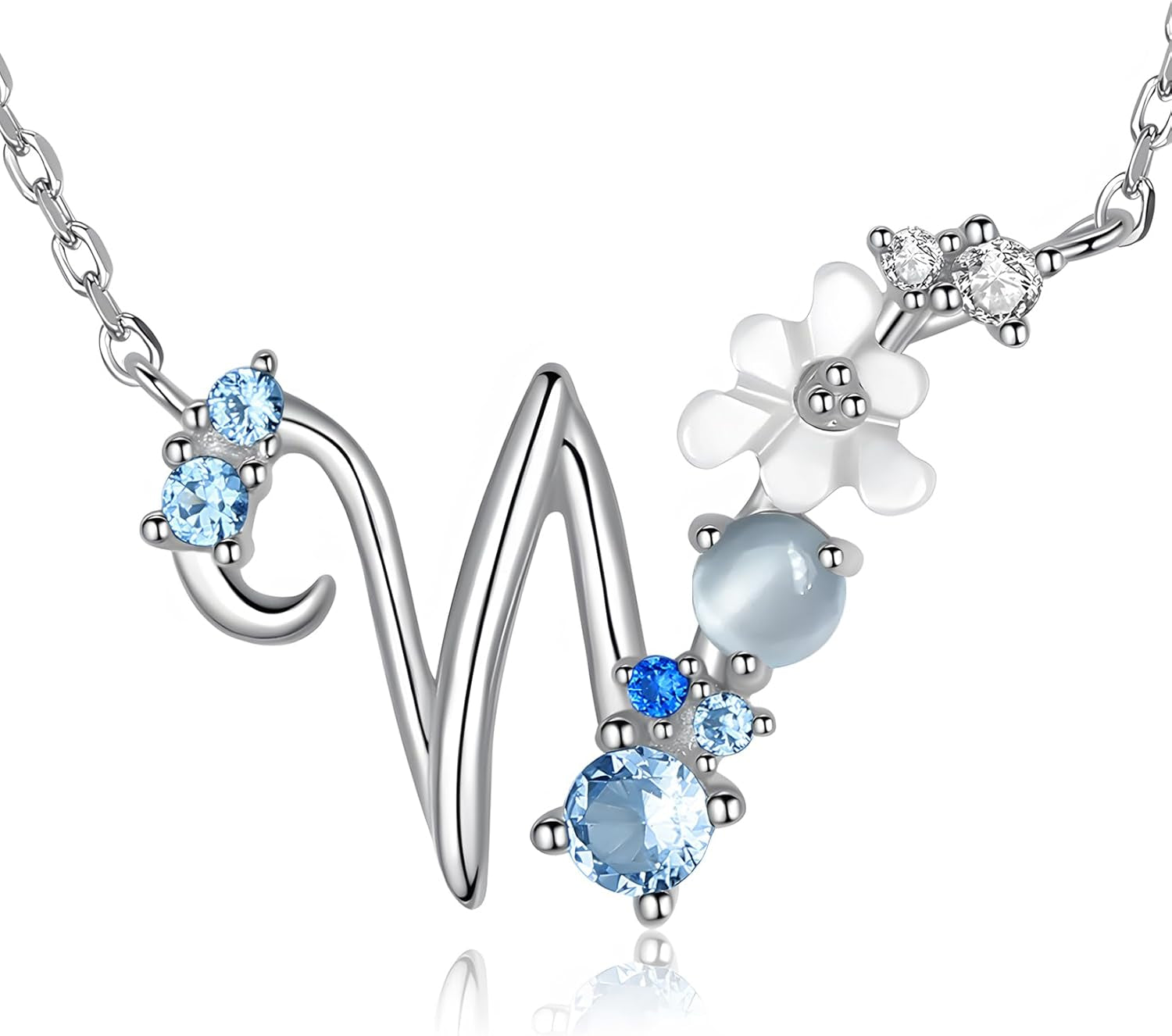 VIKI LYNN Initial Necklace for Women 925 Sterling Silver Initial a to Z Letter Pendant Necklace with Blue Flower Cubic Zirconia Birthday Engagement Gift for Women,Mom, Couple