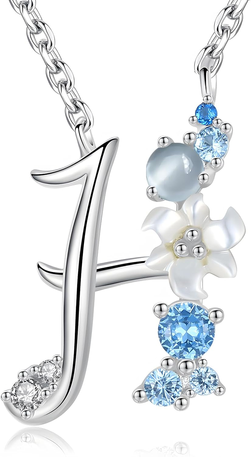 VIKI LYNN Initial Necklace for Women 925 Sterling Silver Initial a to Z Letter Pendant Necklace with Blue Flower Cubic Zirconia Birthday Engagement Gift for Women,Mom, Couple