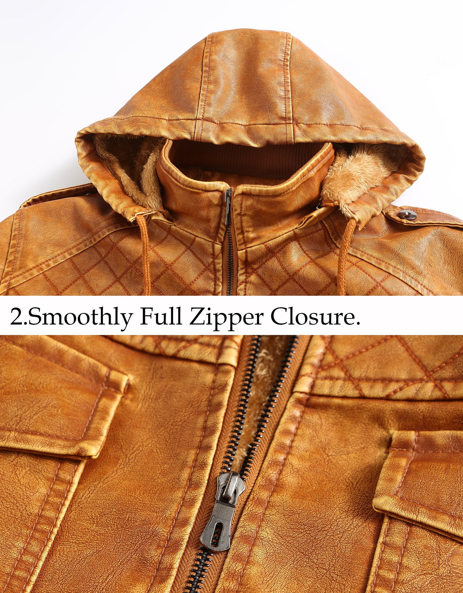 Men’S Leather Jacket and Coats Casual Stand Collar Vintage PU Faux Leather Zip-Up Motorcycle Bomber Jacket with Removable Hood Black S