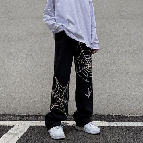 Load image into Gallery viewer, Men&#39;s Black Streetwear Spider Web Pants
