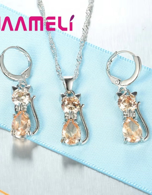 Load image into Gallery viewer, Real 925 Sterling Silver Color Jewelry Sets for Woman Girls Shining Austrian Crystal Cute Cat Pendant Necklace Huggie Earring
