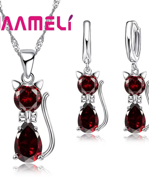 Load image into Gallery viewer, Real 925 Sterling Silver Color Jewelry Sets for Woman Girls Shining Austrian Crystal Cute Cat Pendant Necklace Huggie Earring
