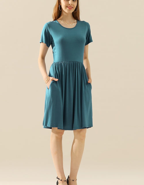 Load image into Gallery viewer, Ninexis Full Size Round Neck Ruched Dress with Pockets
