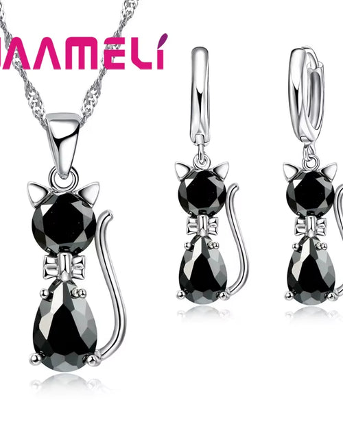 Load image into Gallery viewer, Real 925 Sterling Silver Color Jewelry Sets for Woman Girls Shining Austrian Crystal Cute Cat Pendant Necklace Huggie Earring
