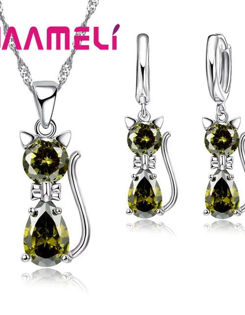 Load image into Gallery viewer, Real 925 Sterling Silver Color Jewelry Sets for Woman Girls Shining Austrian Crystal Cute Cat Pendant Necklace Huggie Earring
