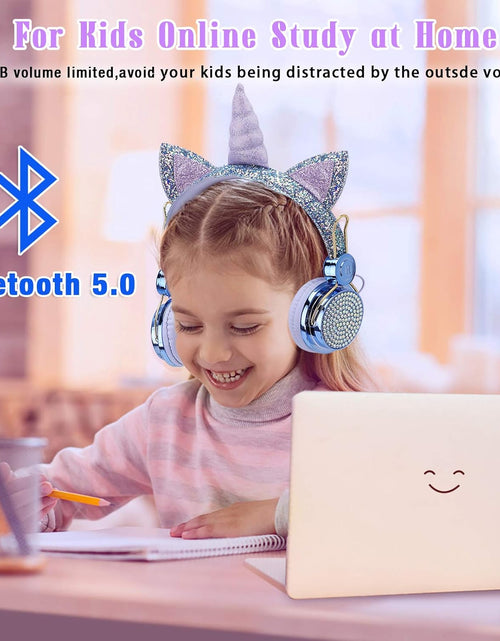 Load image into Gallery viewer, TCJJ Kids Unicorn Headphones for Girls - Wireless Bluetooth Headset with Mic, Adjustable Headband, over Ear for Smartphones/School/Kindle/Tablet/Pc (Blue)
