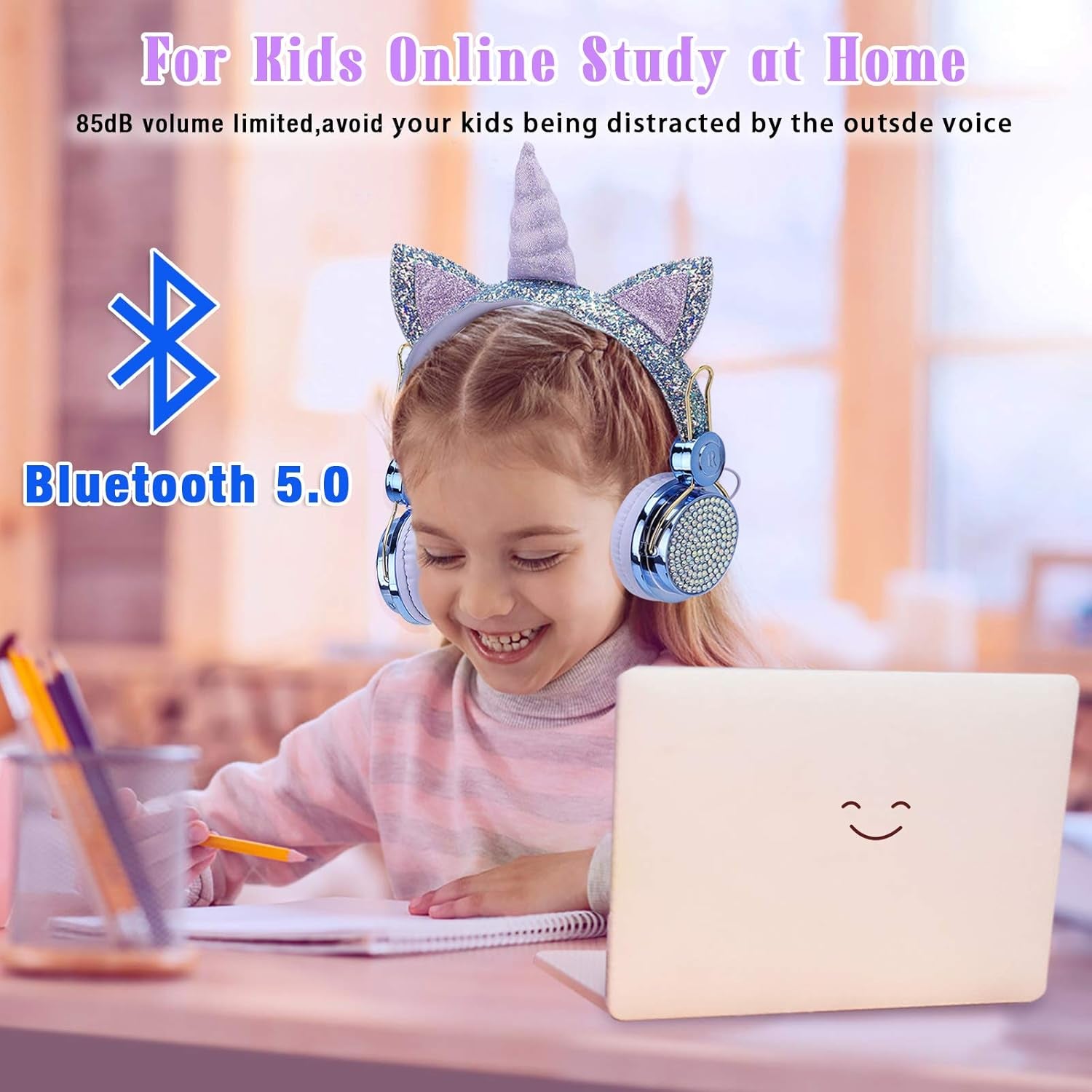 TCJJ Kids Unicorn Headphones for Girls - Wireless Bluetooth Headset with Mic, Adjustable Headband, over Ear for Smartphones/School/Kindle/Tablet/Pc (Blue)