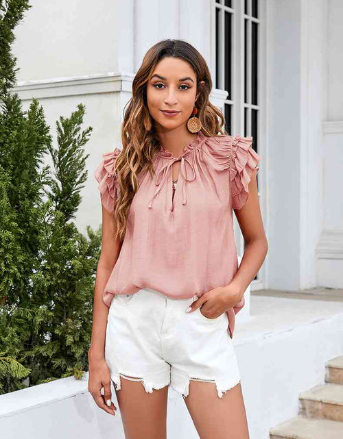 Load image into Gallery viewer, Tie Neck Ruffle Trim Blouse
