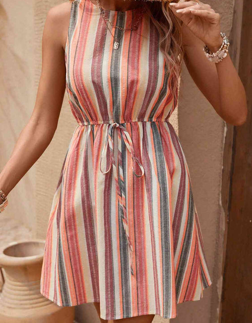 Load image into Gallery viewer, Striped Drawstring Round Neck Sleeveless Dress
