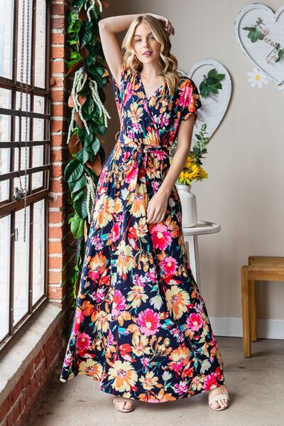 Load image into Gallery viewer, Heimish Full Size Floral Surplice Tie Waist Maxi Dress
