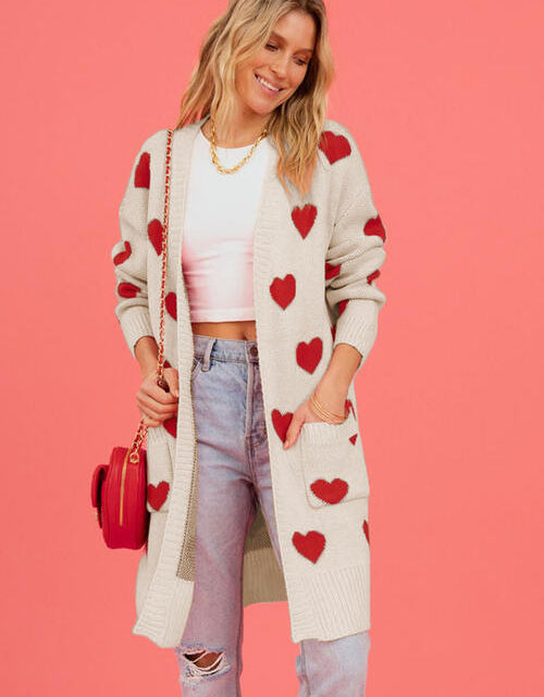 Load image into Gallery viewer, Heart Graphic Open Front Cardigan with Pockets
