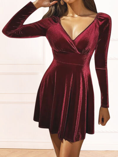 Load image into Gallery viewer, Surplice Ruched Long Sleeve Mini Dress
