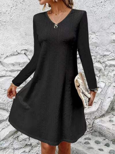 Load image into Gallery viewer, Eyelet V-Neck Long Sleeve Mini Dress
