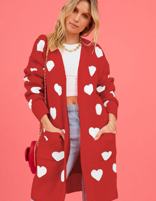 Load image into Gallery viewer, Heart Graphic Open Front Cardigan with Pockets
