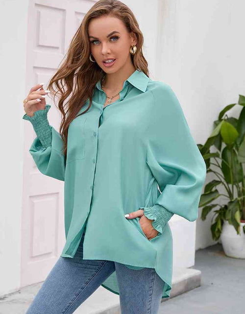 Load image into Gallery viewer, High-Low Collared Neck Lantern Sleeve Shirt
