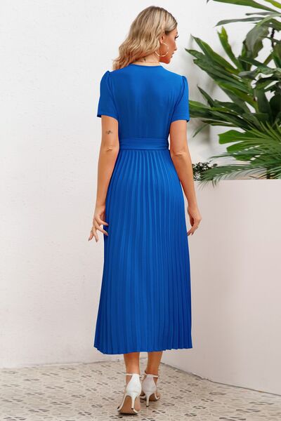 Pleated Surplice Short Sleeve Midi Dress