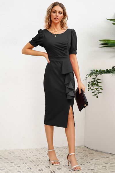 Load image into Gallery viewer, Slit Ruffled Puff Sleeve Midi Dress
