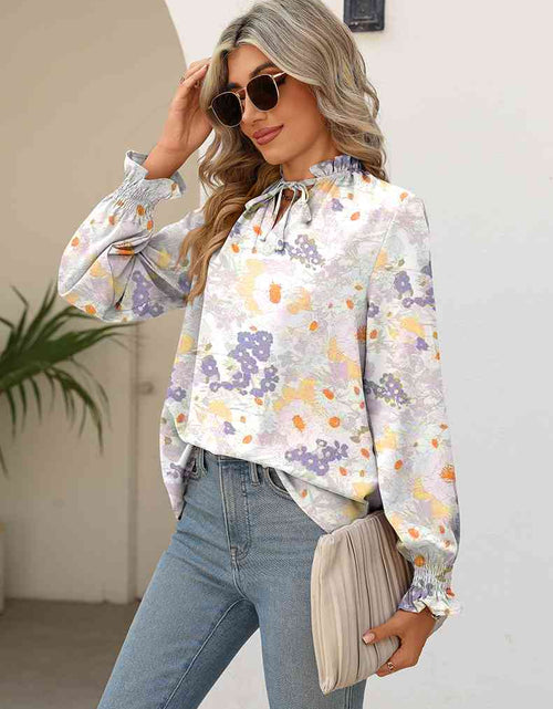 Load image into Gallery viewer, Printed Tie Neck Flounce Sleeve Blouse
