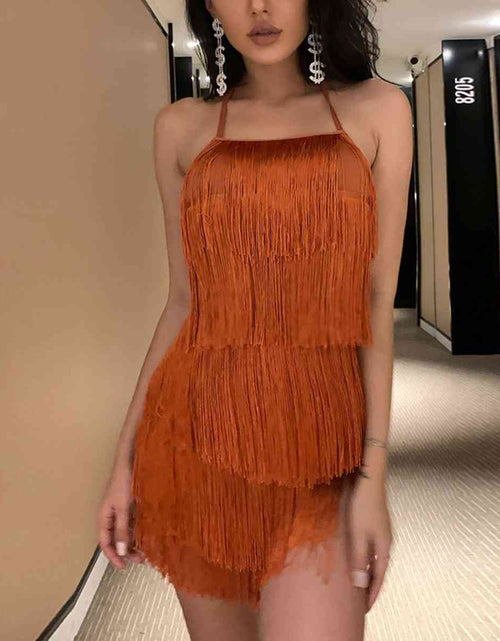 Load image into Gallery viewer, Fringed Halter Neck Tied Back Mini Dress
