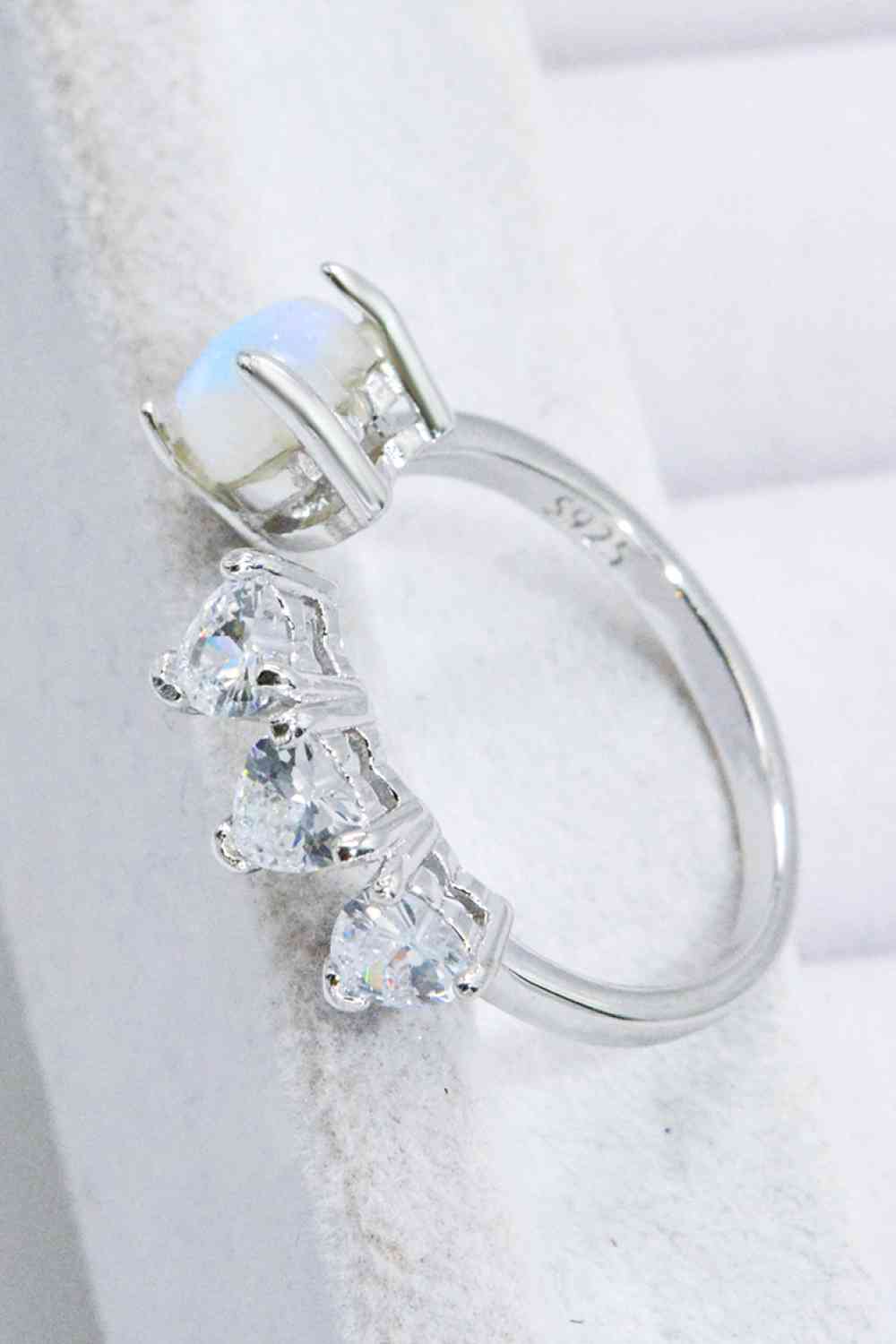 Natural Moonstone and Zircon Heart Open Ring